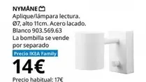 Oferta de Blanco - Nymane - Aplique/lámpara Lectura. 07, Alto 11cm. Acero Lacado.  903,569.63 por 14€ en IKEA