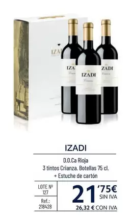 Oferta de Izadi - D.O.Ca Rioja 3 Tintos Crianza Botellas + Estuche De Cartón por 21,75€ en Makro