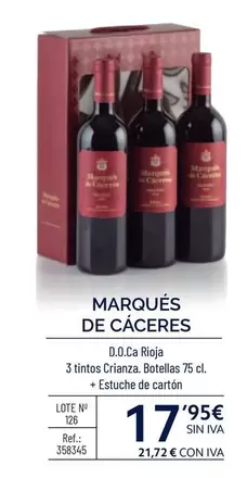 Oferta de Marqués De Cáceres - D.O.Ca Rioja 3 Tintos Crianza Botellas + Estuche De Cartón por 17,95€ en Makro