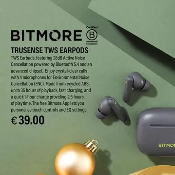 Oferta de Bitmore - Trusense Tws Earpods por 39€ en Ryanair