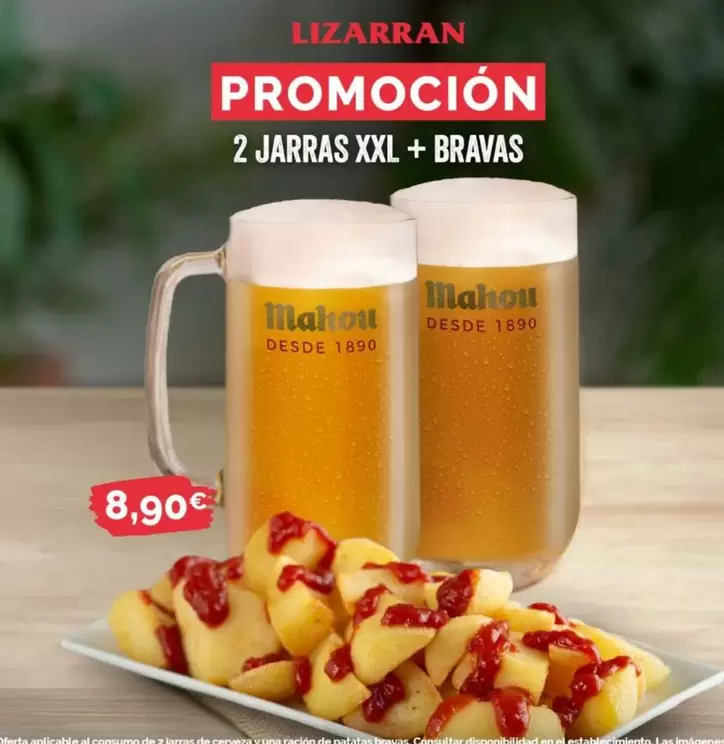 Oferta de 2 Jarras Xxl + Bravas por 8,9€ en Lizarran