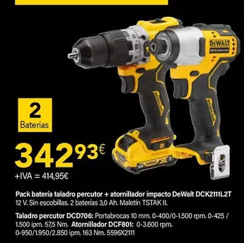 Oferta de Dewalt - Pack Batería Taladro Percutor + Atornillador Impacto DCK2111L2T por 342,93€ en Cadena88