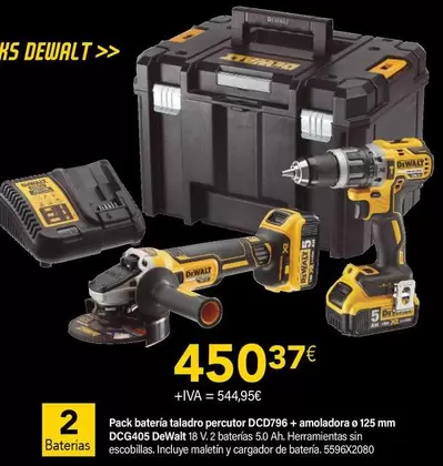 Oferta de Dewalt - Pack Batería Taladro Percutor DCD796 + Amoladora Ø 125 Mm DCG405 por 450,37€ en Cadena88