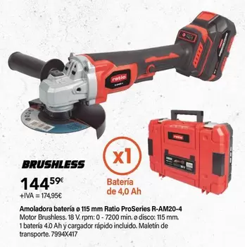 Oferta de Ratio - Amoladora Batería O 115 Mm ProSeries R-AM20-4  por 144,59€ en Cadena88