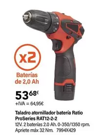 Oferta de Ratio - Taladro Atornillador Batería Proseries RAT12-2-2 por 53,68€ en Cadena88