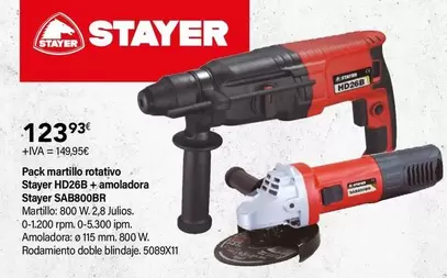 Oferta de Stayer - Pack Martillo Rotitivo + Amoladora SAB800BR por 123,93€ en Cadena88