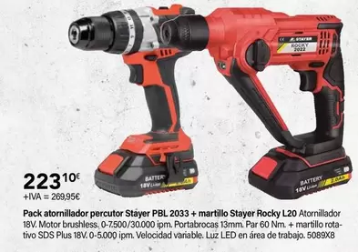 Oferta de Stayer - Pack Atornillador Percutor PBL 2033 + Martillo Rocky L20  por 223,1€ en Cadena88