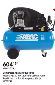 Oferta de ABAC - Compresor 3HP 100 Litros por 604,13€ en Cadena88