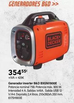 Oferta de Black & Decker - Generador Inverter BXGNI1900E por 354,55€ en Cadena88