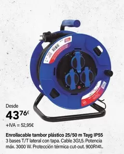 Oferta de Tayg - Enrollacable Tambor Plástico 25/50 M Tavg IP55 por 43,76€ en Cadena88