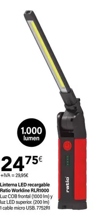 Oferta de Ratio - Linterna Led Recargable Workline RLR1000 por 24,75€ en Cadena88