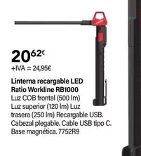 Oferta de Ratio - Linterna Recargable Led Workline RB1000 por 20,62€ en Cadena88