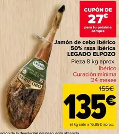 Oferta de Legado ElPozo - Jamón De Cebo Ibérico 50% Raza Ibérica por 135€ en Carrefour