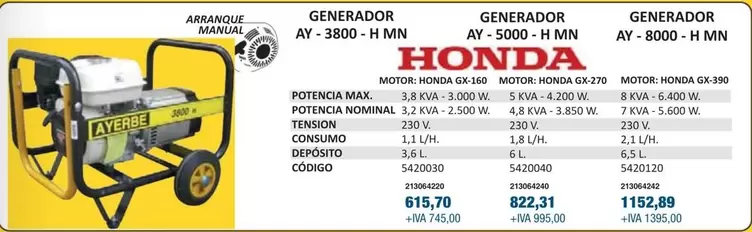 Oferta de Honda - Generador AY 3800 H MN por 615,7€ en Coinfer