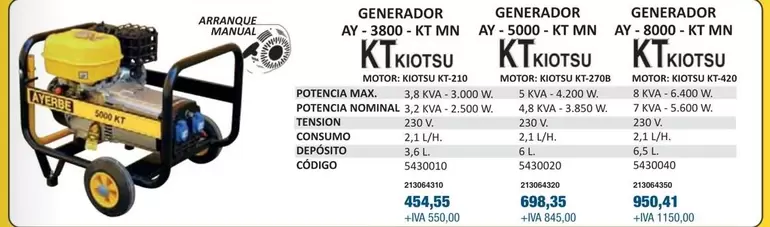 Oferta de Ayerbe - Generador AY-3800-KT MN Kiotsu por 454,55€ en Coinfer