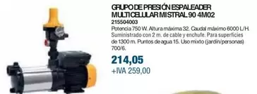 Oferta de Grupo De Presión Espaleader Multicelular Mistral 90 4M02 por 214,05€ en Coinfer