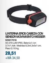 Oferta de  Wesser - Linterna Eros Cabeza Con Sensor Movimiento  por 28,51€ en Coinfer