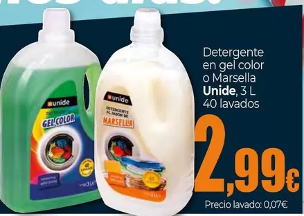 Oferta de Unide - Detergente En Gel Color O Marsella por 2,99€ en Unide Supermercados