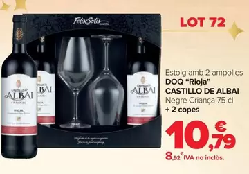 Oferta de Castillo De Albai -  Estoig Amb 2 Ampolles DOQ Rioja Negre Crianca + 2 Copes por 10,79€ en Carrefour Market