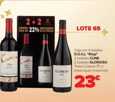 Oferta de Lote 65 - Caja Con 4 Botellas D.O.Ca. "Rioja"  por 23€ en Carrefour