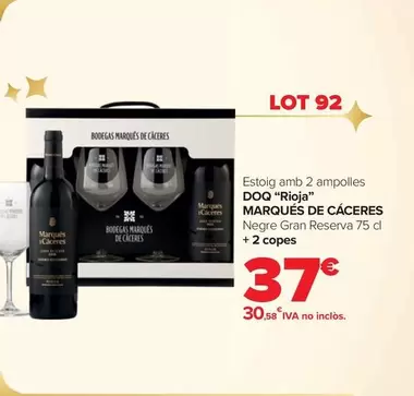 Oferta de Marqués De Cáceres - Lote 92 Estuche Con 2 Botellas D.O.Ca. "Rioja" por 37€ en Carrefour