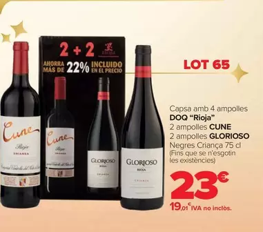 Oferta de Lote 65 - Caja Con 4 Botellas D.O.Ca. "Rioja"  por 23€ en Carrefour