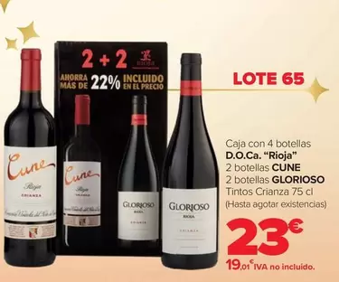 Oferta de Lote 65 - Caja Con 4 Botellas D.O.Ca. "Rioja"  por 23€ en Carrefour