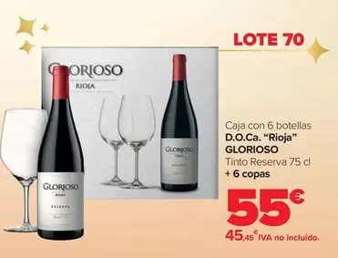 Oferta de Lote 70 Glorioso - Caja Con 6 Botellas D.O.Ca. "Rioja" por 55€ en Carrefour