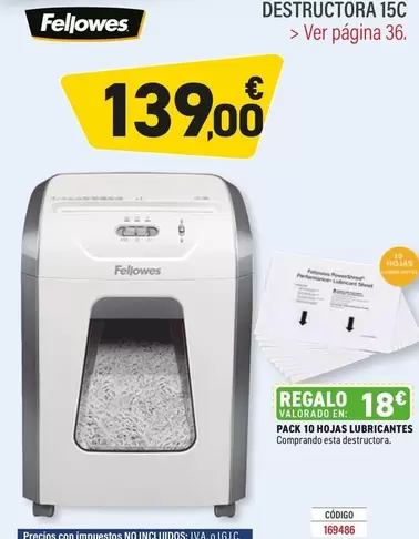 Oferta de Fellowes - Pack 10 Hojas Lubricantes por 139€ en Carlin