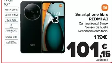 Oferta de Xiaomi - Smartphone Libre Redmi A3 por 101,15€ en Carrefour