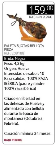 Oferta de Bellota - Paleta 5 Jotas por 159€ en Gros Mercat