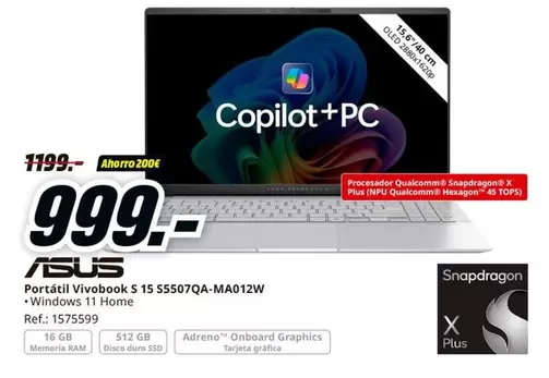 Oferta de Asus - Portátil Vivobook S 15 S5507QA-MA012W por 999€ en MediaMarkt