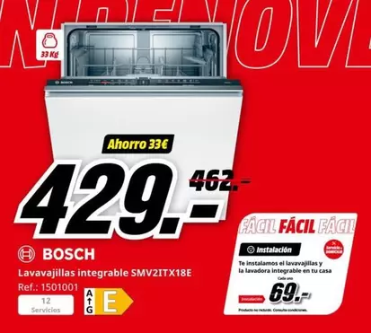 Oferta de Bosch - Lavavajillas Integrable SMV2ITX18E por 429€ en MediaMarkt