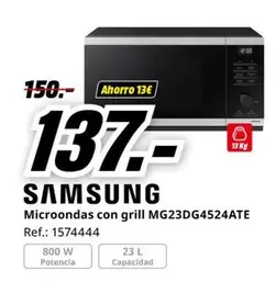 Oferta de Samsung - Microondas Con Grill MG23DG4524ATE  por 137€ en MediaMarkt