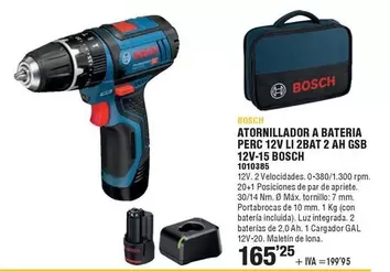 Oferta de Bosch - Atornillador A Bateria Perc 12V LI 2BAT 2 AH GSB 12V-15 por 165,25€ en Optimus