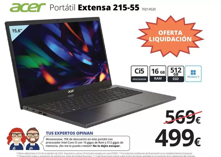 Oferta de Acer - Portátil Extensa 215-55 por 499€ en Ecomputer