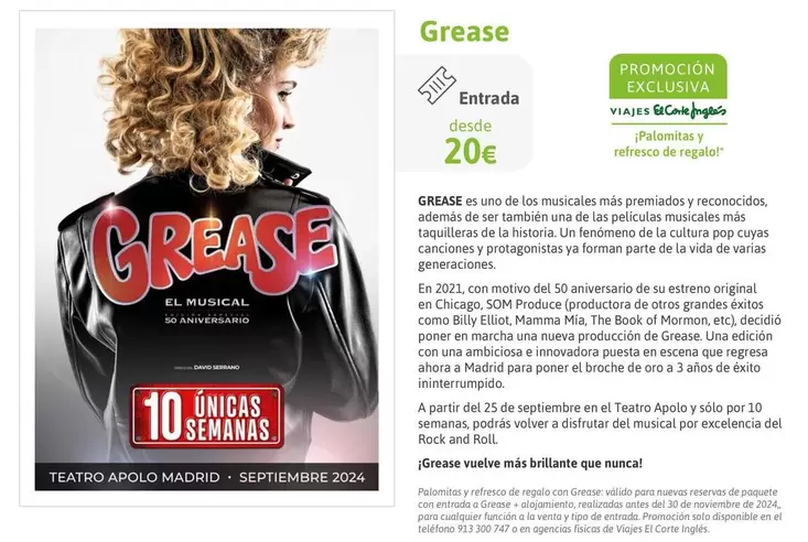 Oferta de Grease por 20€ en Viajes El Corte Inglés