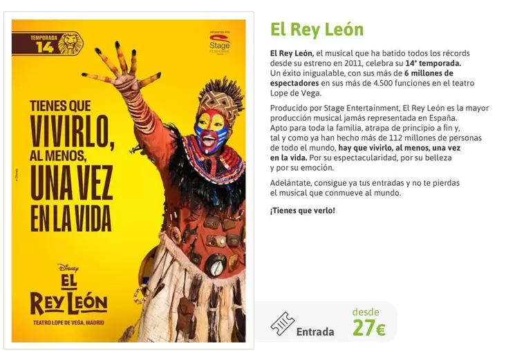 Oferta de El Rey León por 27€ en Viajes El Corte Inglés