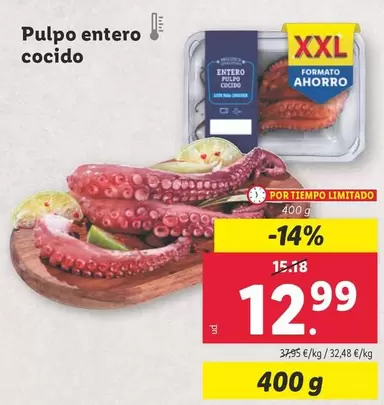 Oferta de Pulpo Entero Cocido por 12,99€ en Lidl