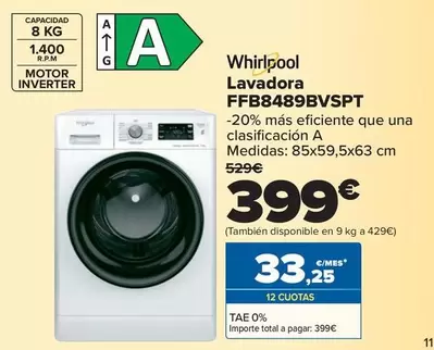 Oferta de Whirlpool - Lavadora Ffb8489bvspt por 399€ en Carrefour