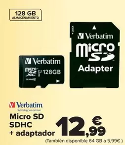 Oferta de Verbatim - Micro Sd Sdhc  + Adaptador por 12,99€ en Carrefour