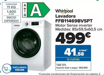 Oferta de Whirlpool - Lavadora FFB11469BVSPT por 499€ en Carrefour