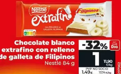 Oferta de Nestlé - Chocolate Blanco Extrafino Con Relleno De Galleta De Filipinos por 1€ en Dia