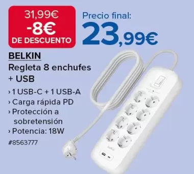 Oferta de Belkin - Regleta 8 Enchufes + Usb por 23,99€ en Costco