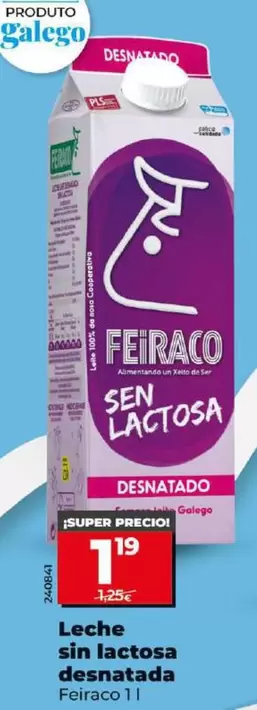 Oferta de Feiraco - Leche Sin Lactosa Desnatada por 1,19€ en Dia