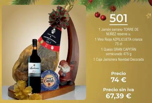 Oferta de Serrano - Jamon  Torre De Niñez / Cesto Y Vino Rioja / Apérilizatea Crianza / Semicurado por 74€ en Froiz