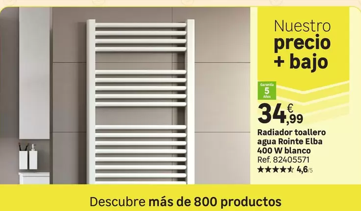 Oferta de Blanco - Radiador Toallero Agua Ronte Eba 400 W por 34,99€ en Leroy Merlin