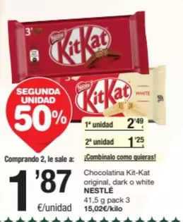 Oferta de Nestlé - Chocolatina Kit-kat Original, Dark O White por 2,49€ en SPAR Fragadis