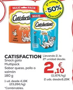 Oferta de Catisfactions - Snack Gato Multipack Sabor Queso, Pollo O Salmon por 4,19€ en Kiwoko