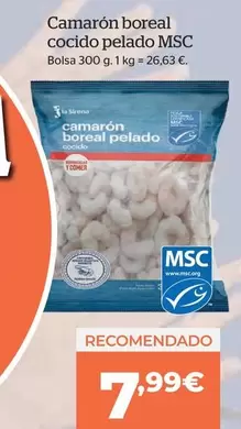 Oferta de Camarón Boreal Cocido Pelado MSC por 7,99€ en La Sirena